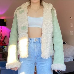 URBAN OUTFITTERS GREEN LEATHER AND SHERPA JACKET